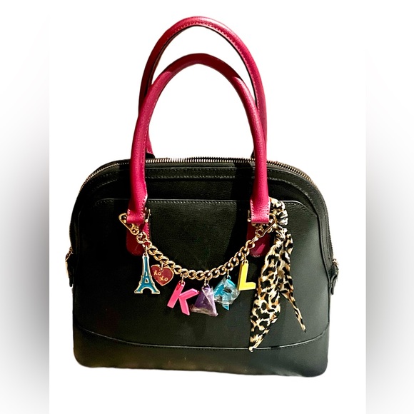 Karl Lagerfeld Paris Black Leather & Magenta Simone Satchel - Picture 3 of 16